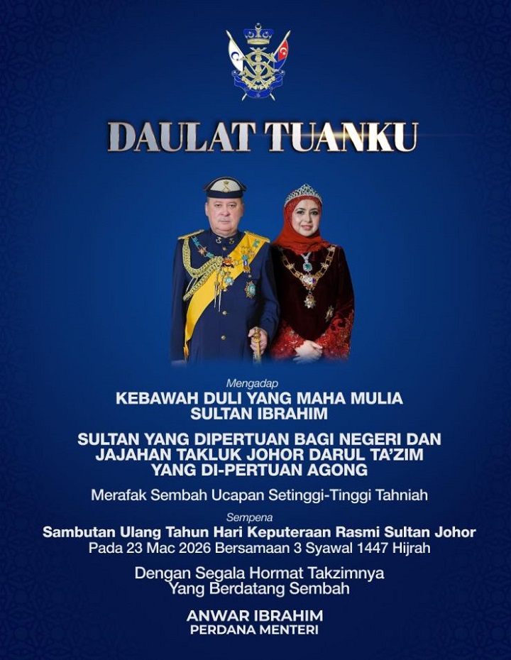 PM Merafak sembah tahniah ulang tahun Hari Keputeraan Rasmi Sultan Johor