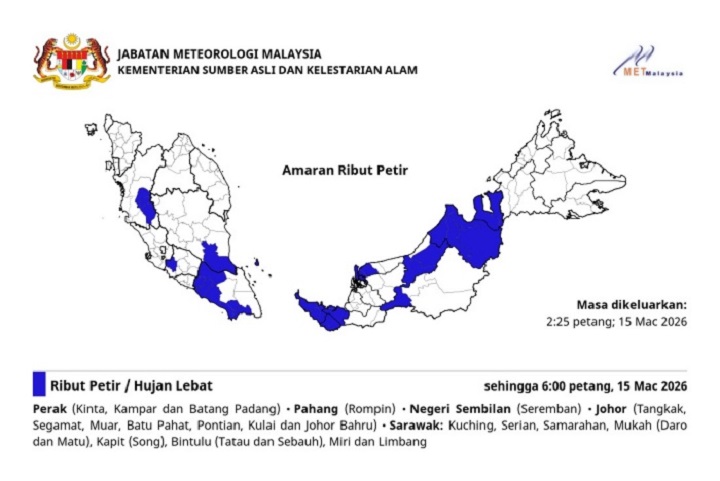 Amaran ribut petir di lima negeri sehingga 6 petang